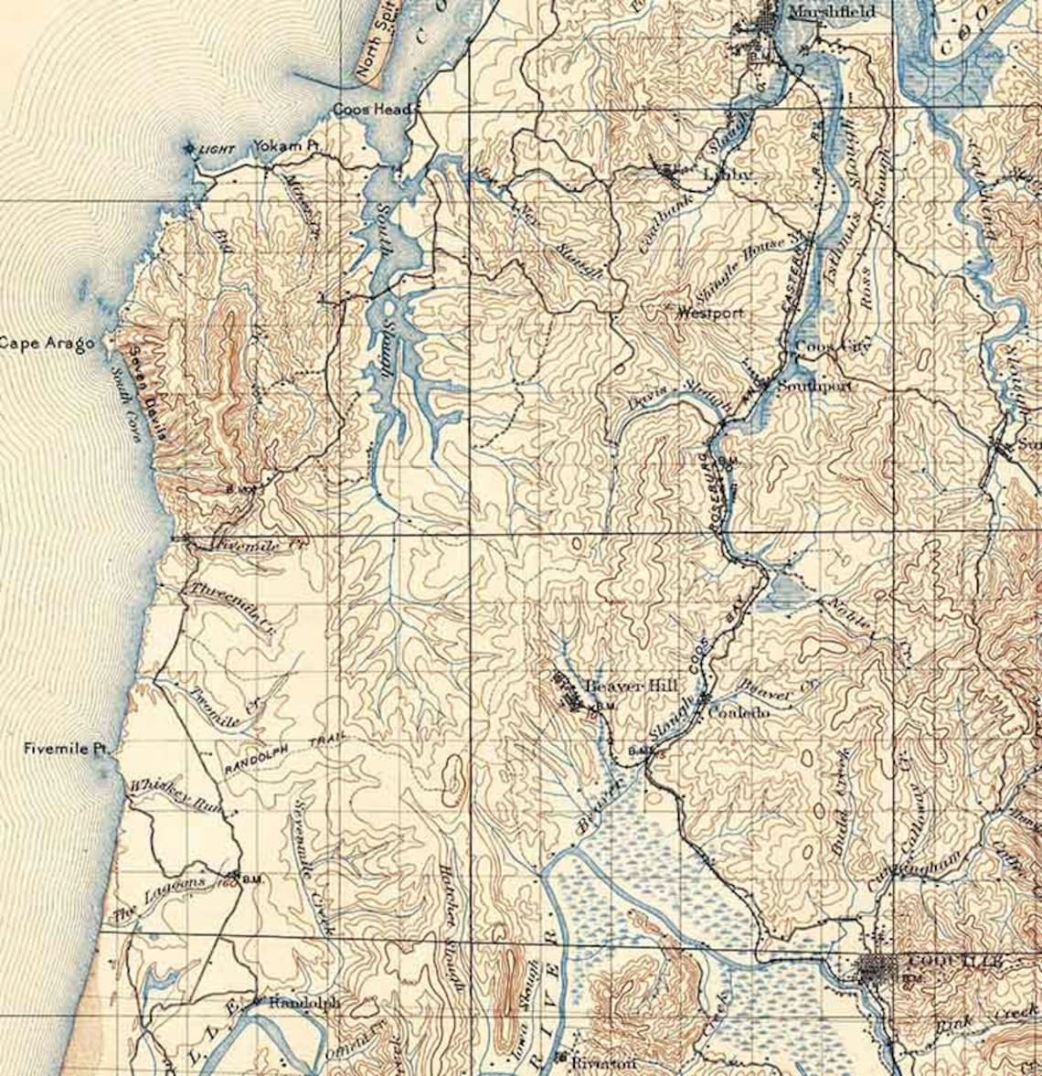 1898 Topo Map of Coos Bay Oregon Etsy