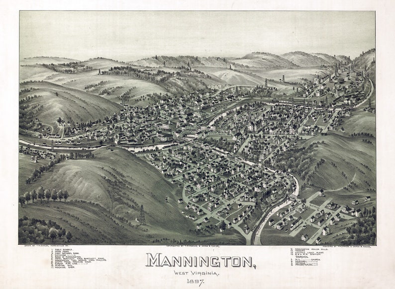 1897 Panoramic Aerial Map of Mannington West Virginia & Oil Etsy