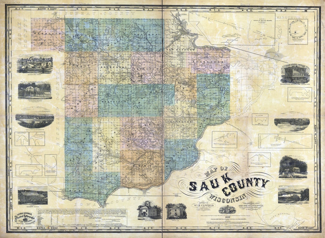 1859 Map of Sauk County Wisconsin Baraboo Etsy