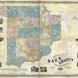 1859-Karte von Sauk County Wisconsin Baraboo