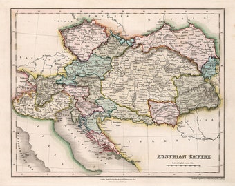 Puede incluir: Un mapa antiguo del Imperio Austríaco, que muestra las diferentes provincias y territorios que componían el imperio en el siglo XIX. El mapa está impreso en blanco y negro con bordes de color para cada provincia. El mapa incluye una escala en millas inglesas.