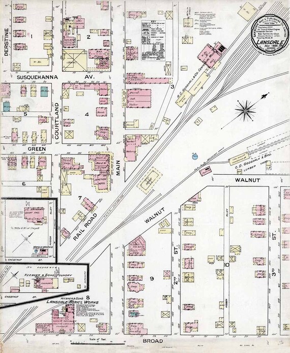1886 Town Map of Lansdale Montgomery County Pennsylvania Etsy