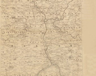 Könnte beinhalten: Eine Vintage-Karte der Grafschaften Lawrence und Beaver in Pennsylvania, veröffentlicht im Jahr 1860 von N.S. Ames und W.J. Barker. Die Karte zeigt die Grenzen der Grafschaften, Städte und Flüsse. Die Karte ist in Schwarzweiß auf cremefarbenem Papier gedruckt.