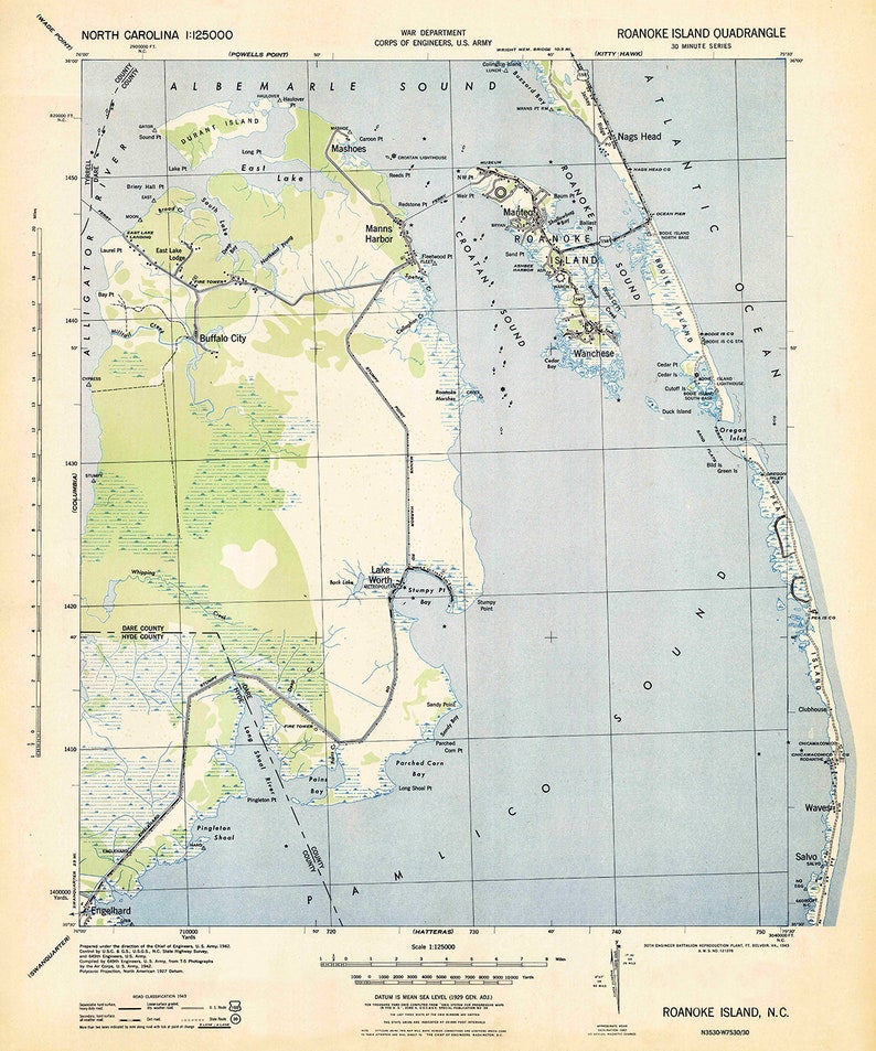 1943 Topo Map of Roanoke Island North Carolina - Etsy