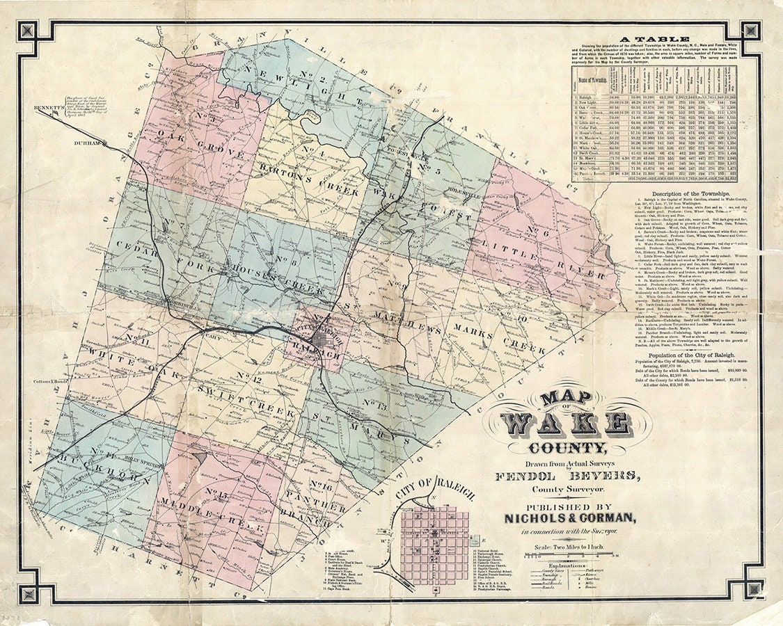 Map Of Wake County Nc 1871 Map Of Wake County North Carolina | Etsy Ireland