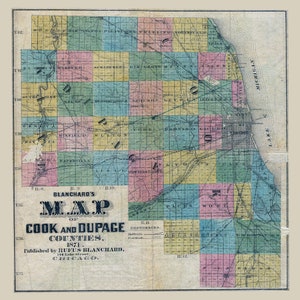 1871 Mappa della contea di Cook e Dupage Illinois