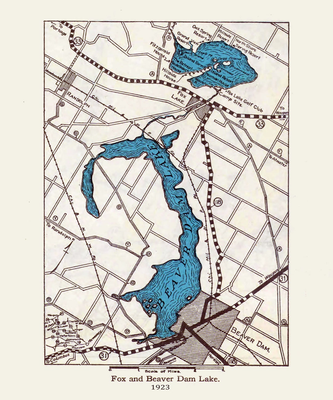 1923 Map of Fox and Beaver Dam Lake Wisconsin Etsy