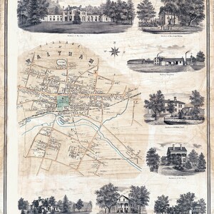 Puede incluir: Un mapa vintage de Waltham, Massachusetts, con una disposición detallada de calles y edificios. El mapa incluye una rosa de los vientos y varias vistas en recuadro de residencias y edificios notables de la ciudad.
