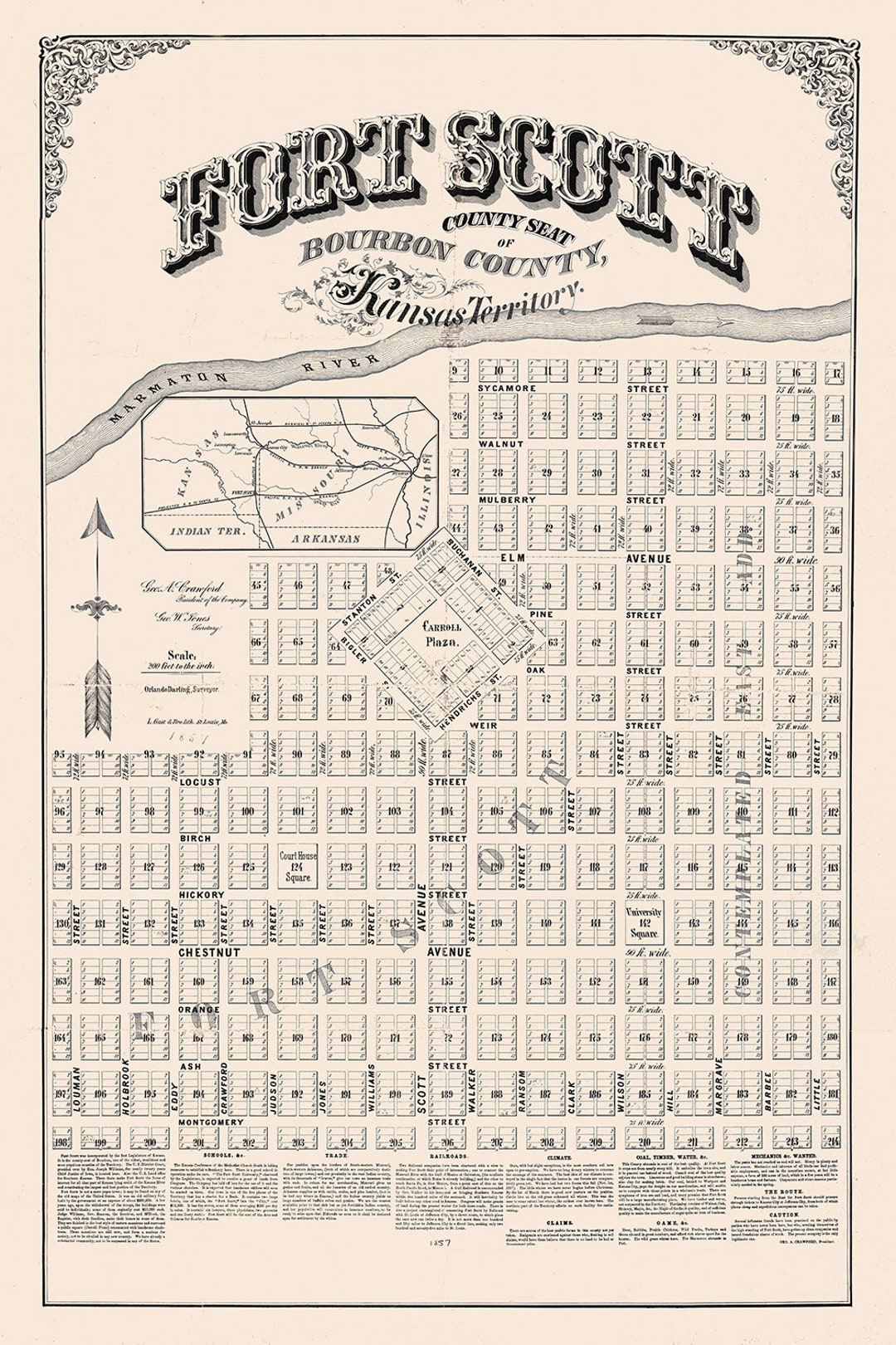 1857 Map of Fort Scott Bourbon County Kansas Etsy