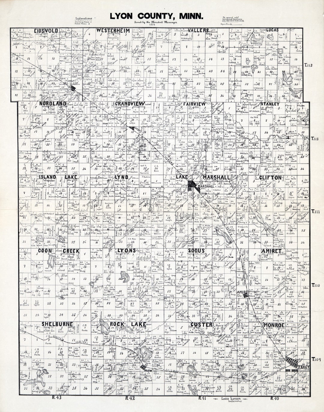 1884 Farm Line Map of Lyon County Minnesota Marshall Etsy
