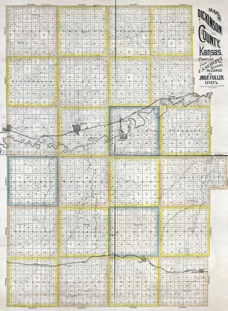 1885 Farm Line Map of Dickinson County Kansas Etsy