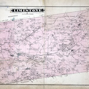 May include: A vintage map of Limestone Township, Pennsylvania, showing roads, property lines, and the names of residents. The map is printed in black and pink on a white background.