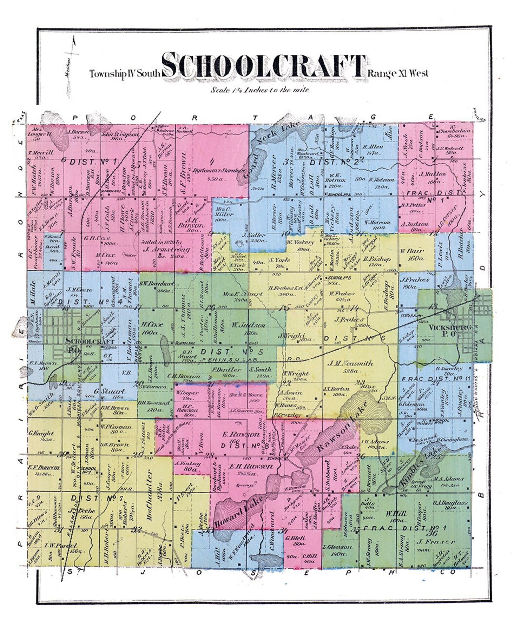 1873 Map of Schoolcraft Township Kalamazoo County Michigan Etsy