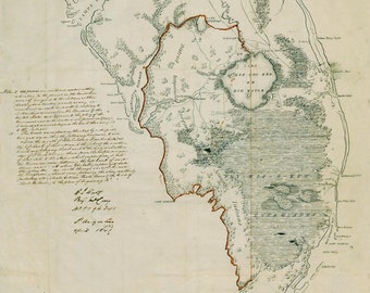 May include: A vintage hand-drawn map of the Florida Everglades, showing the location of Lake Okeechobee and the surrounding waterways. The map is dated April 1763 and includes text describing the area.