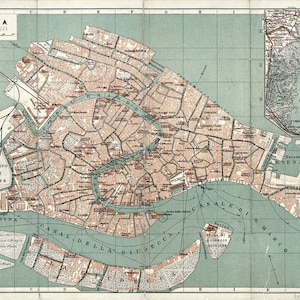 May include: A vintage map of Venice, Italy, showing the canals and islands of the city. The map is printed in shades of blue, green, and brown, and includes text labels in Italian.