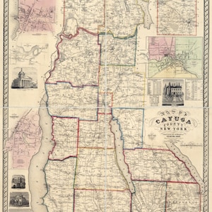1853 Carte du comté de Cayuga, New York à partir d'enquêtes réelles Auburn
