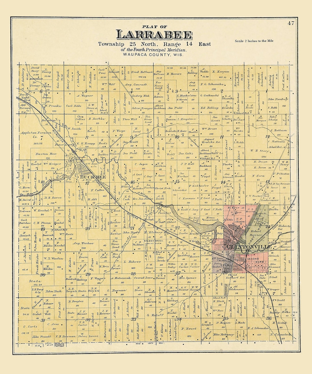 1889 Map of Larrabee Township Waupaca County Wisconsin Etsy