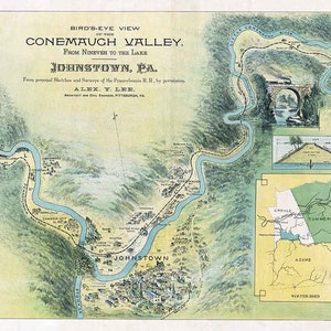 1889 Kaart van Johnstown Pennsylvania Conemaugh Valley Nineveh naar het meer