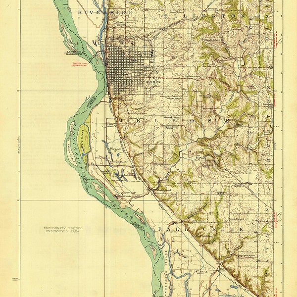 1925 Topo Map of Quincy Illinois Mississippi River