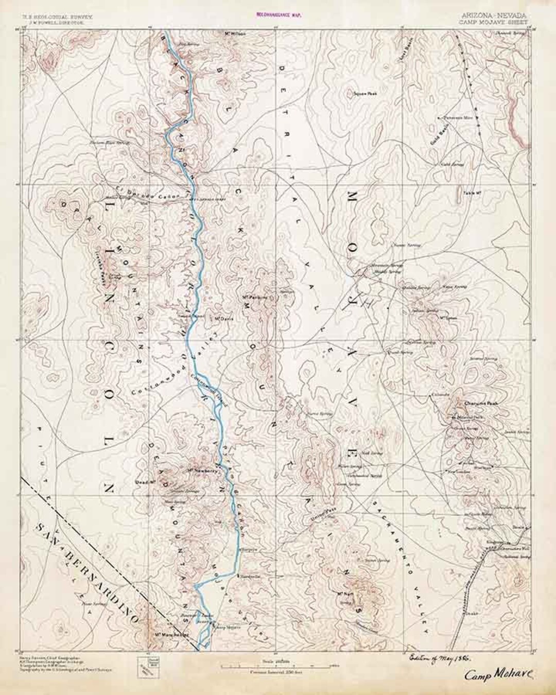 1886 Topo Map of Camp Mohave Arizona Quadrangle Lake Mead National ...