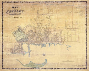 May include: Antique map of Newport, Rhode Island, from 1856, with detailed street layouts and geographical features. The map, published by M. Dripps, features a decorative border and includes the text "Map Newport Rhode Island".