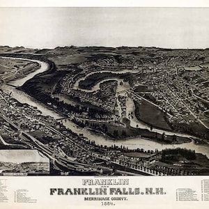 1884 Panorama-Karte von Franklin New Hampshire Merrimack County Franklin Falls