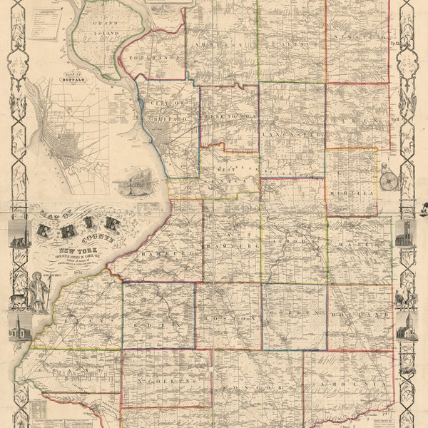 1854 Farm Line Map of Erie County NY from actual surveys Buffalo