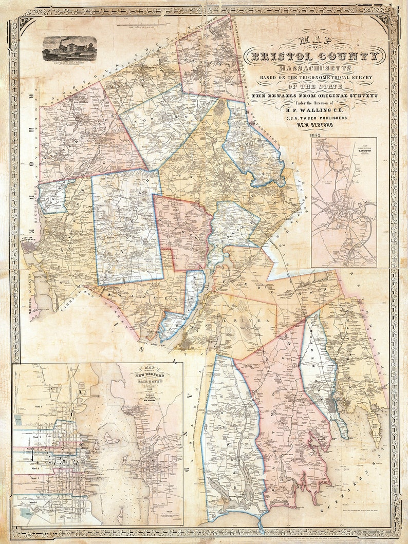 1852 Map of Bristol County Massachusetts - Etsy