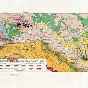 1908 Carte de la Galice Autriche Hongrie Géologie