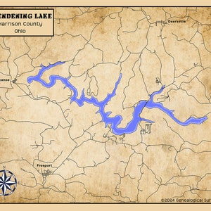 May include: A vintage-style map of Clendening Lake in Harrison County, Ohio. The map shows the lake's shape and surrounding roads. The text "Clendening Lake", "Harrison County", "Ohio", "Tippecanoe", "Freeport", and "Deersville" are visible on the map.
