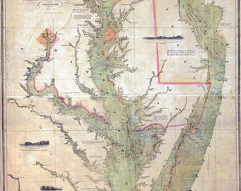 Zeekaart uit 1840 Kaart van de Chesapeake en Delaware Bays Maryland Virginia Delaware Washington DC