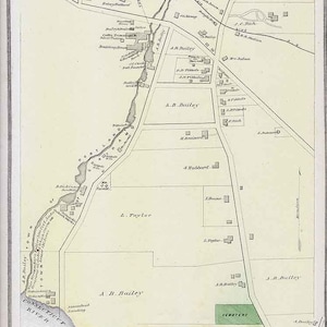 Puede incluir: Un mapa en blanco y negro de Cobalt, Chatham, Connecticut, que muestra la disposición de la ciudad, las carreteras y los propietarios de las propiedades. El mapa está titulado "Cobalt, Ciudad de Chatham, Escala 20 varas por pulgada."