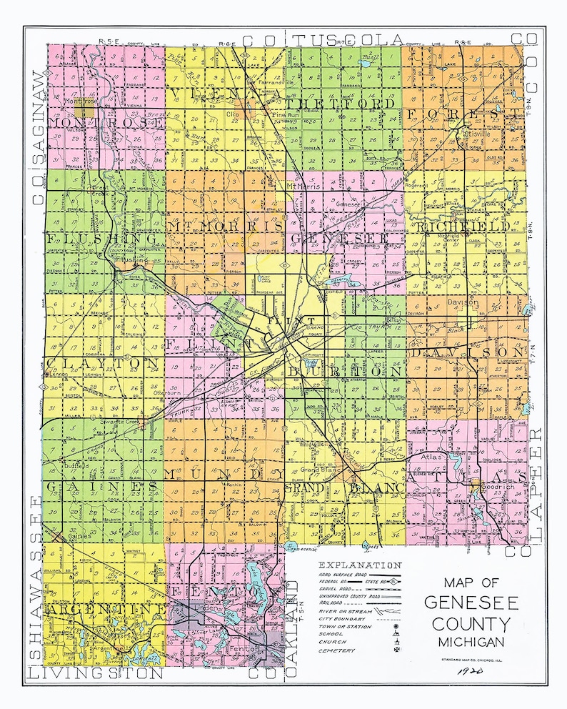 1920 Map of Genesee County Michigan Etsy Israel