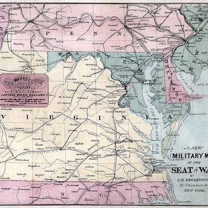 1861 年の軍事地図 南部諸州 南北戦争 バージニア州 メリーランド州 ペンシルベニア州