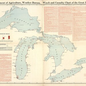 May include: A map of the Great Lakes showing the location of shipwrecks and casualties in 1894. The map is divided into two sections, one for each side of the Great Lakes. The map is labeled with the names of the lakes, cities, and towns. The map also includes a key that explains the symbols used to represent shipwrecks and casualties.