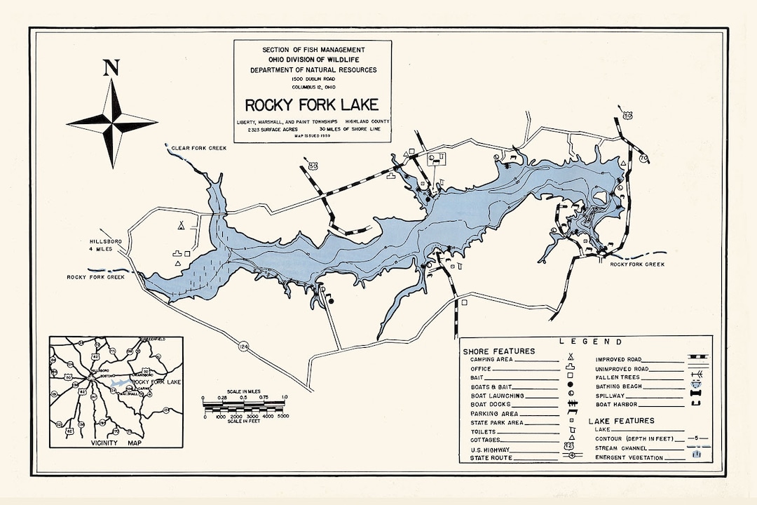1959 Map of Rocky Fork Lake Highland County Ohio - Etsy