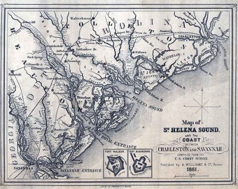 May include: A black and white map of St. Helena Sound and the coast between Charleston and Savannah, South Carolina. The map was compiled from the U.S. Coast Survey and published by A. Williams & Co. in 1861.