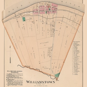 Puede incluir: Un mapa antiguo de Williamstown, distrito de Williams, de 1886. El mapa muestra la disposición de la ciudad con calles, edificios y los nombres de los propietarios. El mapa está impreso en papel de color crema con tinta negra, roja y azul.