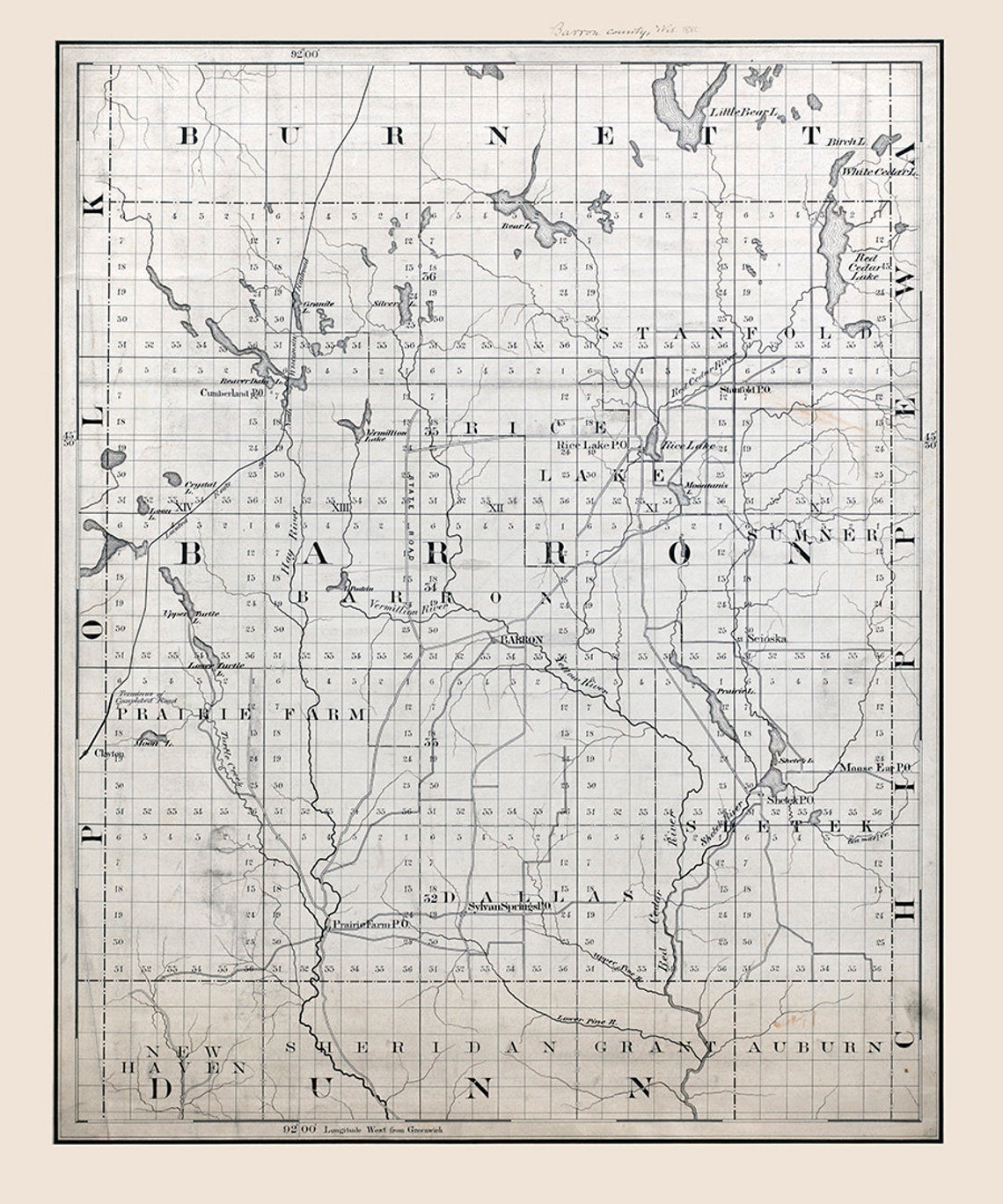 1880 Map of Barron County Wisconsin Etsy