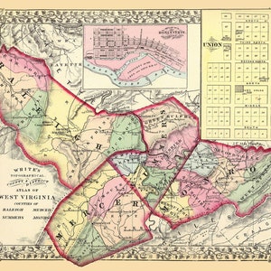 1873-Karte von Raleger Mercer Summers und Monroe County West Virginia