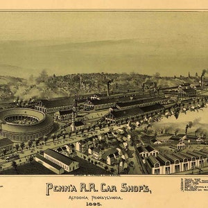 Carte panoramique de 1895 des magasins de voitures de chemin de fer d'Altoona en Pennsylvanie
