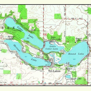 1966 Map of Tri-Lakes Indiana Cedar Lake Round Lake and Shriner Lake