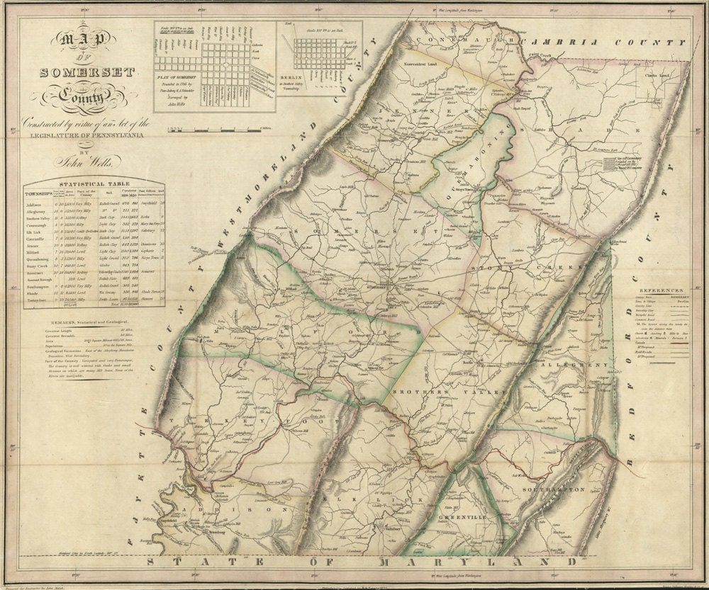 County Of Somerset Map 1830 Map Of Somerset County Pa | Etsy Australia