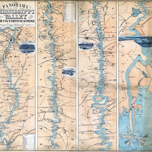 Kaart uit 1863 van de rivier en de vallei van de Mississippi