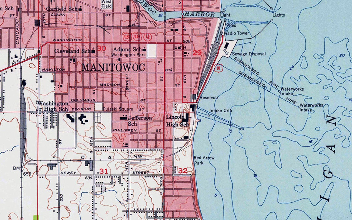 1954 Topo Map of Manitowoc Wisconsin Quad Etsy