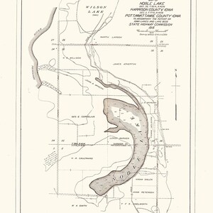 May include: A black and white map of Noble Lake in Harrison and Pottawattamie Counties, Iowa. The map shows the lake's shape and surrounding land features, including roads, rivers, and property boundaries. The map is dated 1915 and was created by the Iowa Highway Commission.