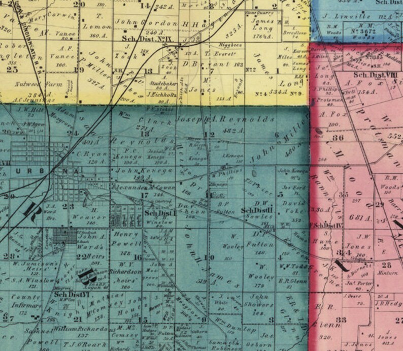 1858 Farm Line Map of Champaign County Ohio Urbana Etsy