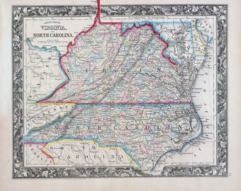 1860 County Map of Virginia and North Carolina