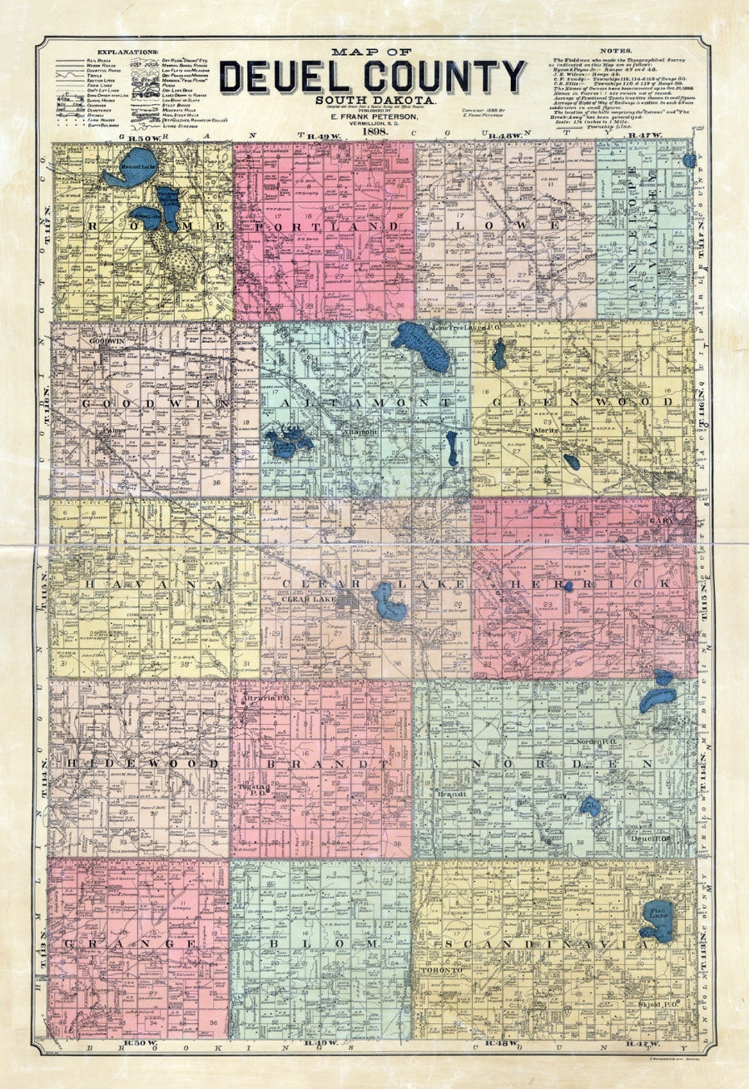 1899 Map of Deuel County South Dakota Clear Lake