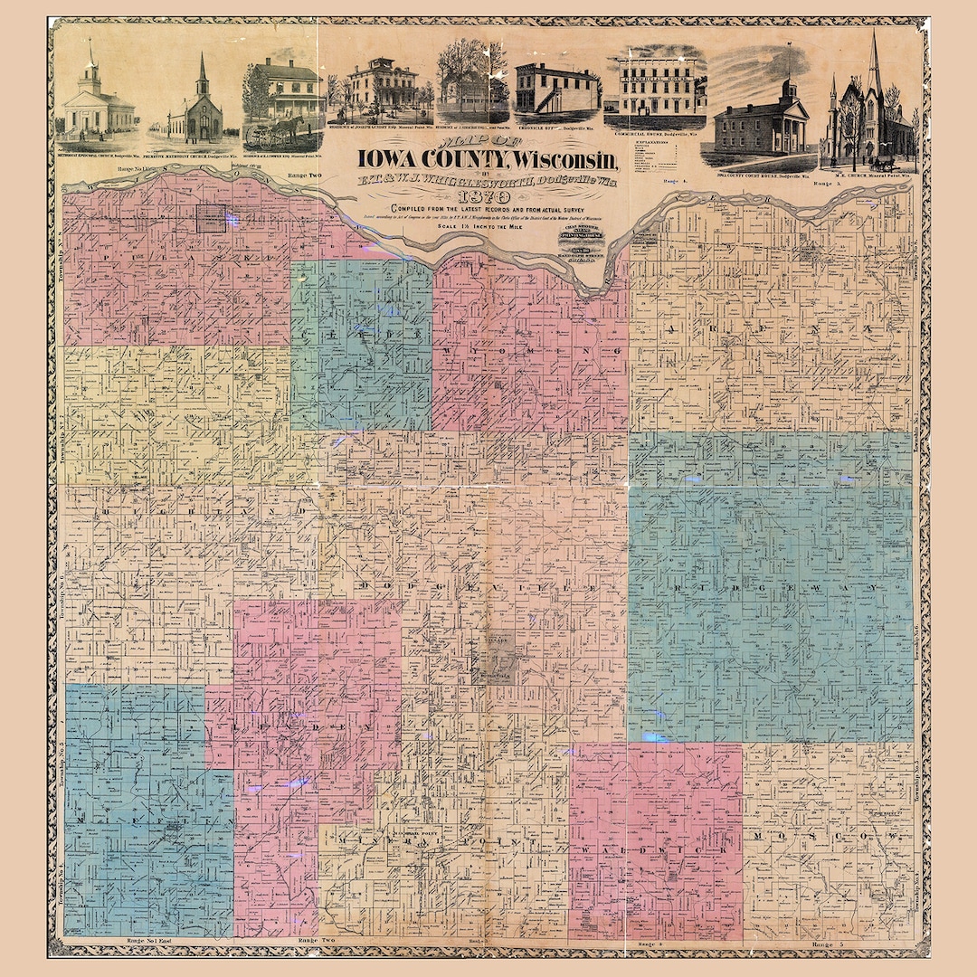 1870 Farm Line Map of Iowa County Wisconsin Etsy